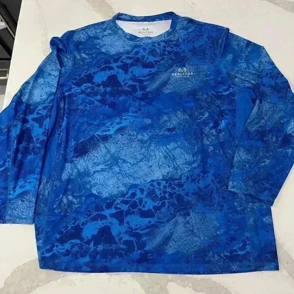 REALTREE FISHING Blue Marbled Wave LongSleeve Performance Vented Wicking Men 2XL